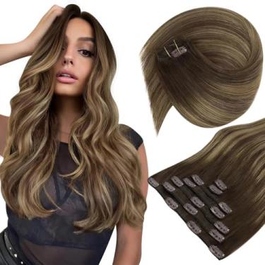 Imagem de Sunny Hair Extensões de cabelo humano liso com clipe em extensões de cabelo humano Remy Clip em extensões de cabelo humano real clip ins balayage chocolate marrom ombré caramelo loiro 50,8 cm