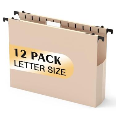 Imagem de Pastas de arquivo de plástico com capacidade extra, pacote com 12 pastas suspensas reforçadas, expansão de 5 cm, tamanho carta para arquivos em massa/gráficos médicos (bege claro)