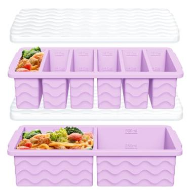 Imagem de Pacote com 2 bandejas de silicone para freezer com tampa, 2 formas grandes de 2 xícaras (500 ml) e 6 formas pequenas de 1/2 xícara (125 ml), bandeja de cubos de gelo para preparação de refeições e