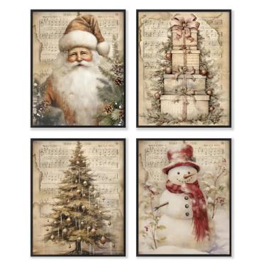 Imagem de Dazzlewall 4 peças de pintura de arte de parede de Natal, impressão de arte de árvore de Natal Papai Noel, presente de Natal, pilha de boneco de neve, decoração de parede para casa de inverno, 20 x 25