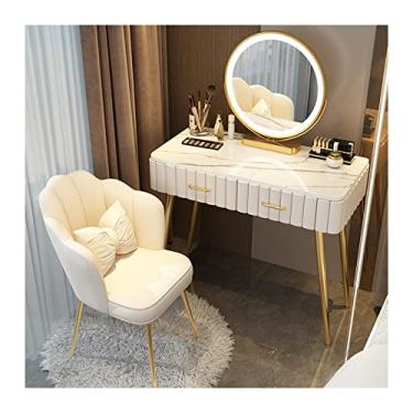 Imagem de Escrivaninha de penteadeira Moderno conjunto de mesa vaidade maquiagem quarto cômoda simples bancada mármore espelho fezes(White Chair,80cm)