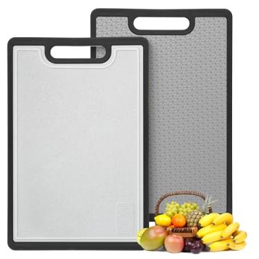 Imagem de Tábua de corte dupla face grande, aço inoxidável espesso e tábua de corte de fibra de trigo, tapete de corte antiderrapante para bancada de cozinha