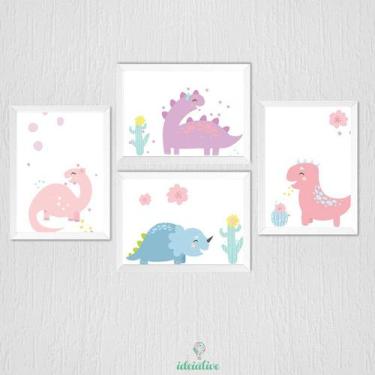 Imagem de Quadro Infantil Dinossauro Meninas - Kit com 4 Molduras Brancas - no-b