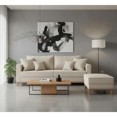 Imagem de Conjunto Sofá Beny e Puff Beny, 2 Peças, Tecido Linho. (Cru)