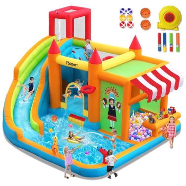 Imagem de Parque Aquático Inflável com Tobogã Aquático FBSPORT, Diversão Garantida para Crianças com Quiosque de Brinquedos, Piscina de Respingos.