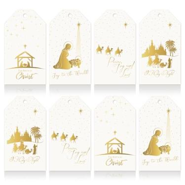 Imagem de Whaline 120 etiquetas de presente de papel de presépio de Natal, etiquetas em branco, folha dourada, etiquetas de pendurar Jesus cristão com corda de cânhamo para presente de festa de Natal