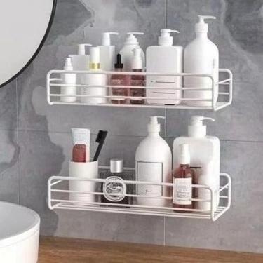 Imagem de Porta Shampoo para Banheiro em Aço Inox - Kit com 2 Prateleiras Adesivas, Suporte sem Furado para Organização Moderna (KIT 2 PRETO)