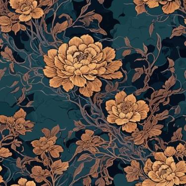 Imagem de WalRiddle Papel de parede vintage escuro verde marinho floral flores marrons descascar e colar papel de parede fácil de remover papel de contato adesivo para banheiro, impermeável, adequado para