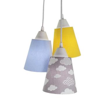 Imagem de Lustre Pendente Luminária Bebê Nuvens Cinza, Azul E Amarelo Bivolt