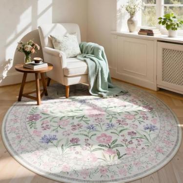 Imagem de Lahome Tapete circular roxo de 1,8 m, tapete com detalhes florais para quarto de meninas, tapete redondo lavável à máquina para berçário, área de estar com destaque antiderrapante
