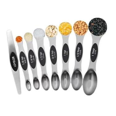 Imagem de 8 colheres medidoras de aço inoxidável, colher de sopa de extremidade dupla e colher de chá, copos medidores graduados, utensílios de cozinha, itens essenciais de apartamento