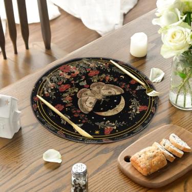Imagem de Jogo americano redondo de papoula preta e lua, conjunto de 4, tapetes de mesa redondos florais de 35,5 cm para decoração de festa, cozinha, jantar