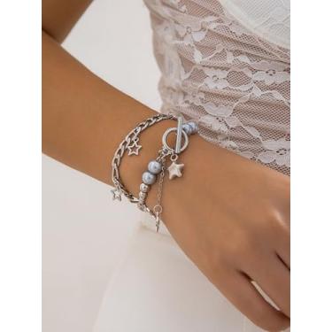 Imagem de Colar Y2K com estrela de prata, pulseiras de prata empilháveis para mulheres, pacote de pulseiras Y2K, pulseira estrela, festa, clube, música, festival, acessórios, common size, Liga metálica, Sem
