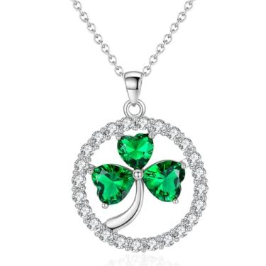 Imagem de VONSSY Colar com pingente de trevo | Presente de Dia de São Patrício para mulheres, esposa, mãe, joia irlandesa com pedra preciosa verde esmeralda | Corrente banhada a ouro rosa platina, Zircônia