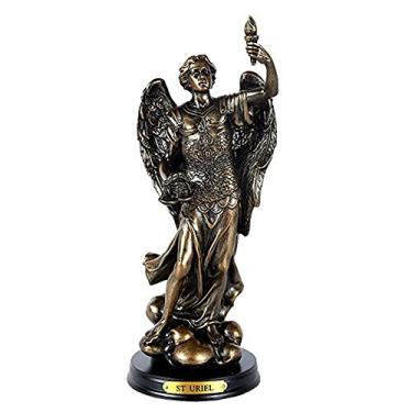 Imagem de Pacific Giftware St. Uriel Arcanjo de Luz e Sabedoria Estatueta de madeira de 20 cm de altura com placa de latão