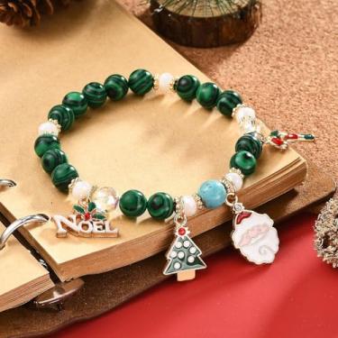 Imagem de Pulseira elástica de Natal, árvore e Papai Noel e palavra Noel pingentes de liga esmaltada, pulseira de contas redondas de Natal para mulheres, presentes de festas de fim de ano, 5,5 cm