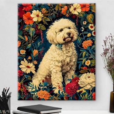 Imagem de Arte de parede botânica de cachorro maltês vintage em cor creme emoldurada - Decoração de parede com flores escuras Academia para sala de estar quarto casa 20 x 25 cm