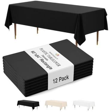 Imagem de Party Solids Pacote com 12 toalhas de mesa descartáveis de plástico preto – Tamanho: 152 × 213 cm – Capa de mesa retangular para festas, piqueniques e eventos formais