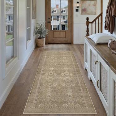 Imagem de WondRg Tapete de corredor marrom claro neutro lavável para sala de estar tapete antiderrapante floral envelhecido tapete antiderrapante interior corredor de pelo baixo acento resistente a manchas