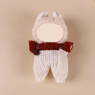 Imagem de Compatível com Labubu (sem boneca) – top de pelúcia marrom caramelo + macacão de malha branco com decoração de pompom, roupas de boneca de 15 cm/17 cm (marrom-branco)