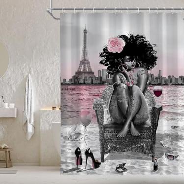Imagem de KOKGYM Cortina de chuveiro afro-americana rosa e preta, cortina de chuveiro feminina para meninas negras, tecido resistente à água, design bonito com padrão de 188 x 188 cm, decoração de banheiro