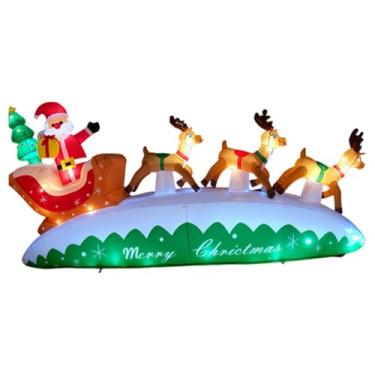 Imagem de rockible Papai Noel inflável de Natal com renas, 3 metros de comprimento, estrutura versátil com luzes de LED para decoração de jardim. Enfeite natalino.
