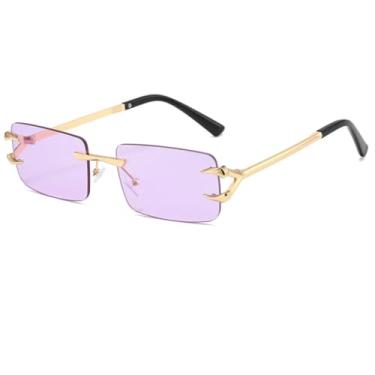 Imagem de HCPIHF Óculos de sol vintage retangulares sem aro para mulheres, armação de metal, moderno, transparente, lente oceânica, UV400 (dourado-roxo)