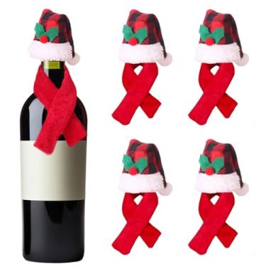 Imagem de Conjunto de 8 peças de capa de garrafa de vinho de Natal, mini chapéu de Papai Noel, cachecol vermelho para decoração de mesa de Natal