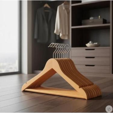 Imagem de Kit Com 9 Cabides de Madeira Marfim Verniz Com Gancho de Metal - Wellm