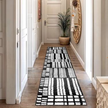 Imagem de Rugshop Tapete de corredor geométrico moderno preto e branco que não cai, tapete interno de pilha baixa para sala de estar, quarto, escritório – padrão abstrato contemporâneo 6 cm x 30 cm, preto