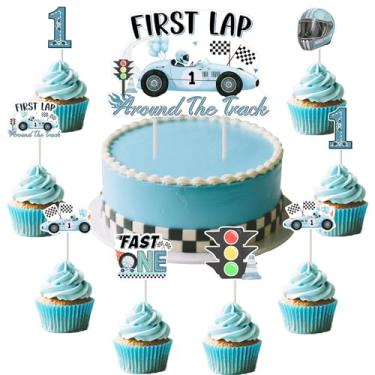 Imagem de Funmemoir Decorações de aniversário rápido para meninos - Topo de bolo de primeira volta ao redor da pista e tema de carro de corrida vintage Toppers de cupcake para carro de corrida azul Let's Go