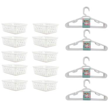 Imagem de Kit 10 Cestos Organizador Pequeno 16x12x6Cm Branco + 20 Cabides Branco