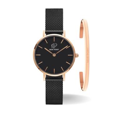 Imagem de Kit Relógio Feminino Redondo de Pulso Preto Rosé 32mm + Bracelete Pulseira Folheado New Port Rosé