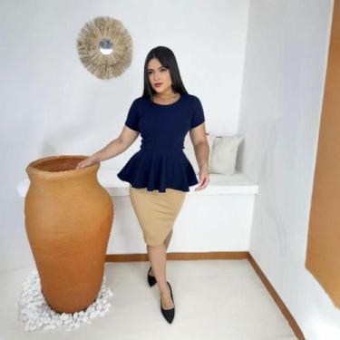 Imagem de Blusa Peplum Moda Evangélica Feminina - MISS FLOWER, Azul marinho, M, 