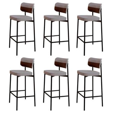 Imagem de Banqueta Alta Bar Estofada Kit 6 Ella M25 Linho Cinza Cl-marrom - Mpozenato