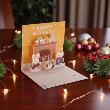 Imagem de 1 conjunto de cartões comemorativos de Natal pequena festa com papel envelope amarelo marrom bege 12 cm x 12 cm