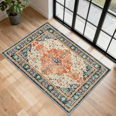 Imagem de U'Artlines Tapete de área Boho lavável 5,6 x 7,5 cm, pequeno antiderrapante, vintage, tapete ultrafino para entrada, cozinha, banheiro, quarto, laranja/multi