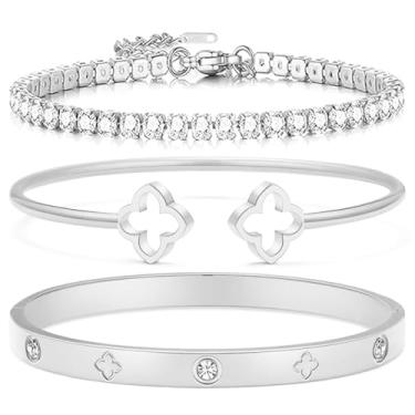 Imagem de Arthur Liu Conjunto de 3 peças de pulseiras delicadas banhadas a ouro 14K – Joias de aço inoxidável não manchadas com zircônia cúbica para mulheres, caixa de presente incluída, One Size, Aço