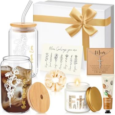 Imagem de SilTriangle 10 peças de presentes cristãos para mãe fé religiosa conjunto de caixa de presente de Natal para mãe mulheres copo de vidro vela colar cruz creme para as mãos laço de cabelo cartão de