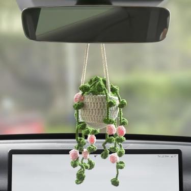 Imagem de Planta de crochê para acessórios de suspensão de espelho de carro, lindos pingentes boho retrovisores para espelho retrovisor para mulheres, homens e meninas