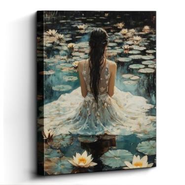 Imagem de Arte de parede romântica – Vestido feminino branco de 30 x 38 cm com nenúfares – Arte elegante inspirada na natureza para quarto, sala de estar ou escritório – exibição de mesa e pendurar