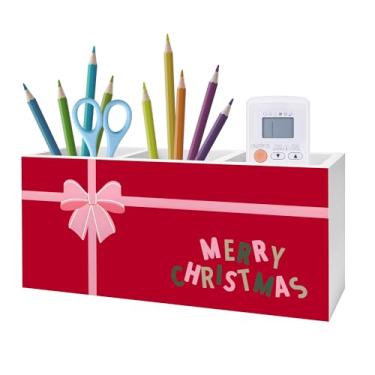 Imagem de Exqcom Porta-lápis vermelho Merry Christmas para mesa, decoração de escritório de Natal feminina, laço rosa de Natal, caixa de madeira para decoração de casa, escritório, mesa, mesa