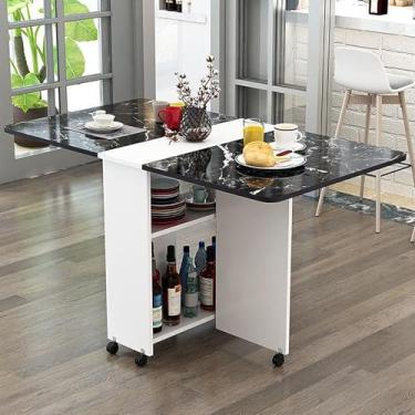 Imagem de HYUIO Mesa de jantar dobrável versátil com 6 rodas, 2 prateleiras de armazenamento, mesa extensível para trabalho, estudo, jantar - preto e branco