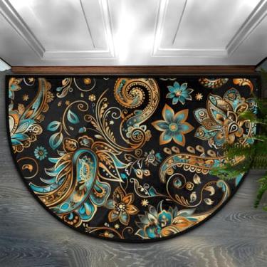 Imagem de Tapete de porta meio redondo, étnico, paisley, pavão, retrô, antiderrapante, absorvente, semicírculo, tapetes laváveis, para ambientes internos e externos, pátio, cozinha, banheiro, entrada, lareira