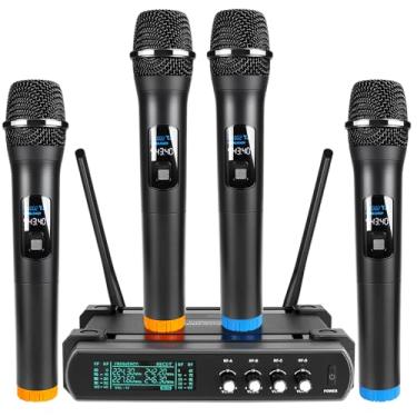 Imagem de Kit 4 Microfone Sem Fio Profissional, Conjunto de Microfones Sem Fios Pro de 4 Canais com Quatro Microfones de Mão, 220-290Mhz, Longo Alcance de 30-50 M, Ideal para Igrejas, Karaoke, Eventos