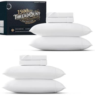 Imagem de TEXAS LINEN CO. Conjunto de lençóis Queen 100% algodão egípcio pacote com 2 lençóis de luxo de 1500 fios de algodão egípcio (8 peças, branco), bolso profundo de 43 cm, roupa de cama macia e