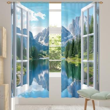 Imagem de 2 conjuntos de painéis cortinas transparentes para janela, lago, montanha, cortinas transparentes arejadas com filtro leve, painéis de cortina de porta e janela para sala de estar, quarto, jantar, 192