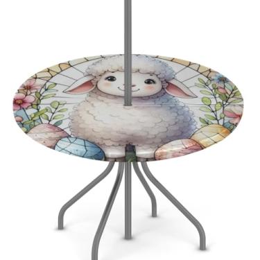 Imagem de hongjinglin Toalha de mesa de Páscoa para uso ao ar livre com orifício para guarda-chuva, toalha de mesa redonda elástica com zíper, impermeável, limpável, para piquenique, festa, pátio, serve para