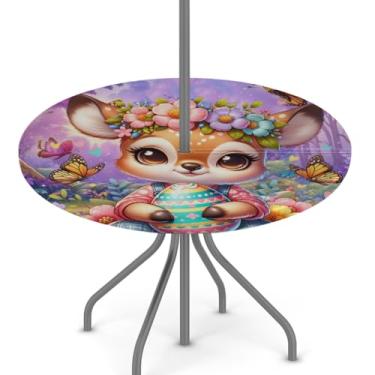 Imagem de hongjinglin Toalha de mesa de Páscoa para uso ao ar livre com orifício para guarda-chuva, toalha de mesa redonda elástica com zíper, impermeável, limpável, para piquenique, festa, pátio, serve para