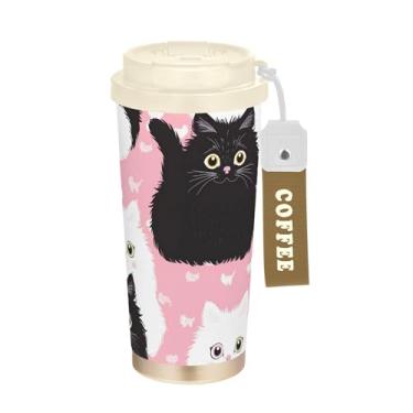 Imagem de SEHANY Caneca de viagem de gato gatinho fofo de 482 g xícaras de café reutilizáveis revestidas de cerâmica com tampa à prova de vazamento, parede dupla, isolamento a vácuo, copo de café de aço